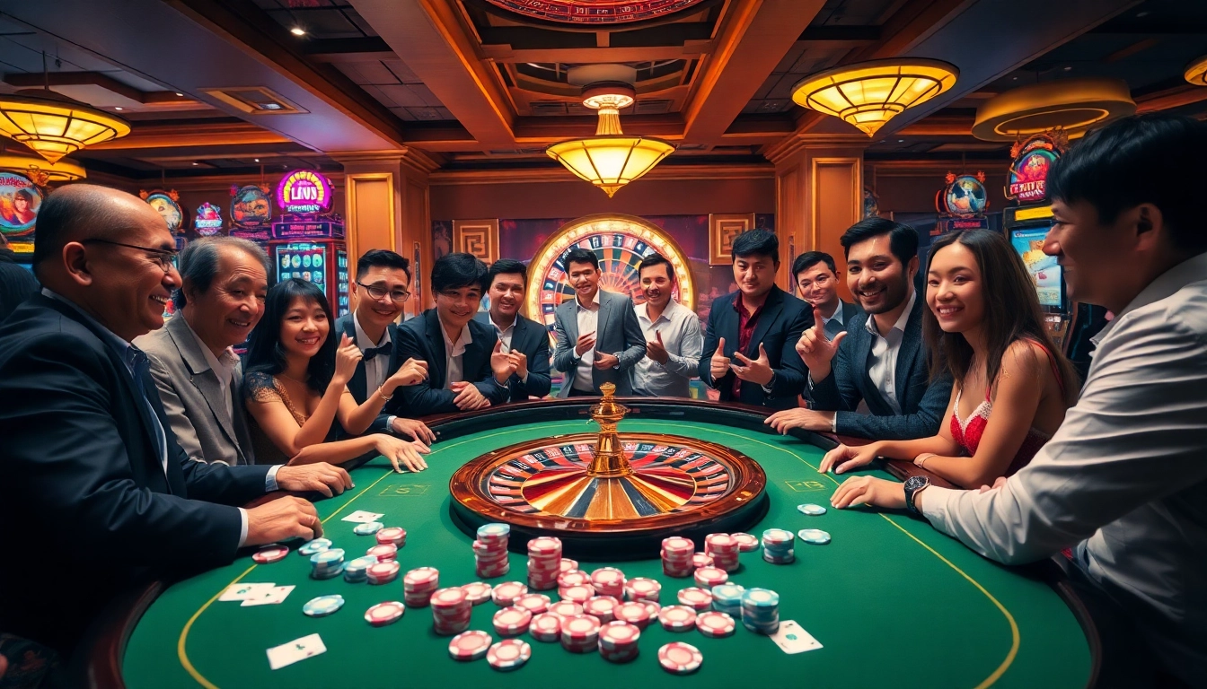 Exciting gambling scene featuring 789win players at a vibrant casino table with poker chips and cards.