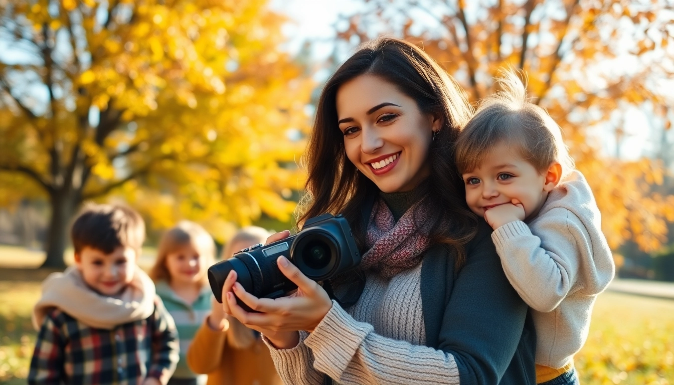 Fotografin Borken mit glücklicher Familie während des Fotoshootings im Freien.