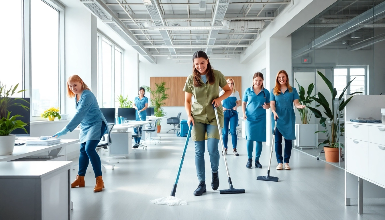 Effiziente Büroreinigung Berlin mit freundlichen Reinigungskräften, die ein modernes Büro säubern.