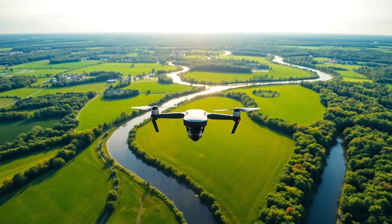 Drohnenaufnahmen Brandenburg: Luftbildaufnahme der natürlichen Schönheit von Brandenburg mit grünen Feldern und Flüssen.