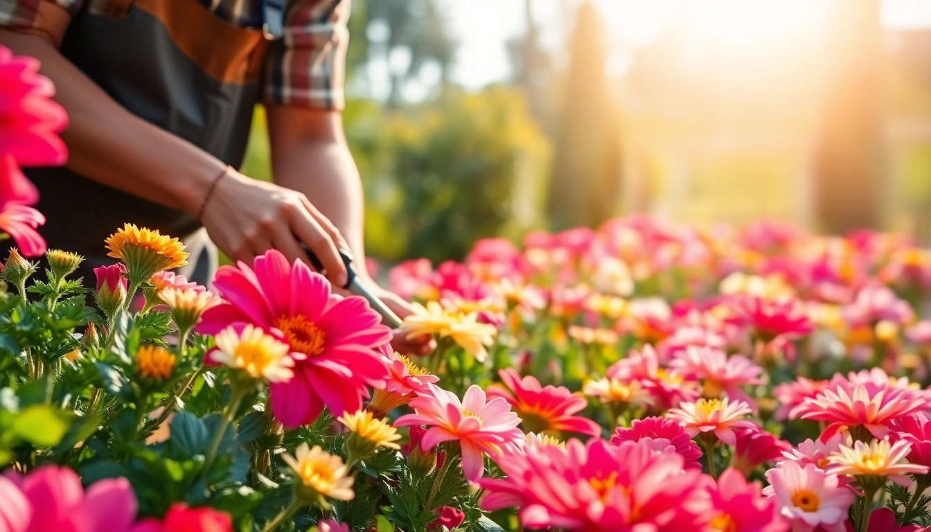 Gartenbau professionell pflegen bunte Blumen in einem üppigen Garten.