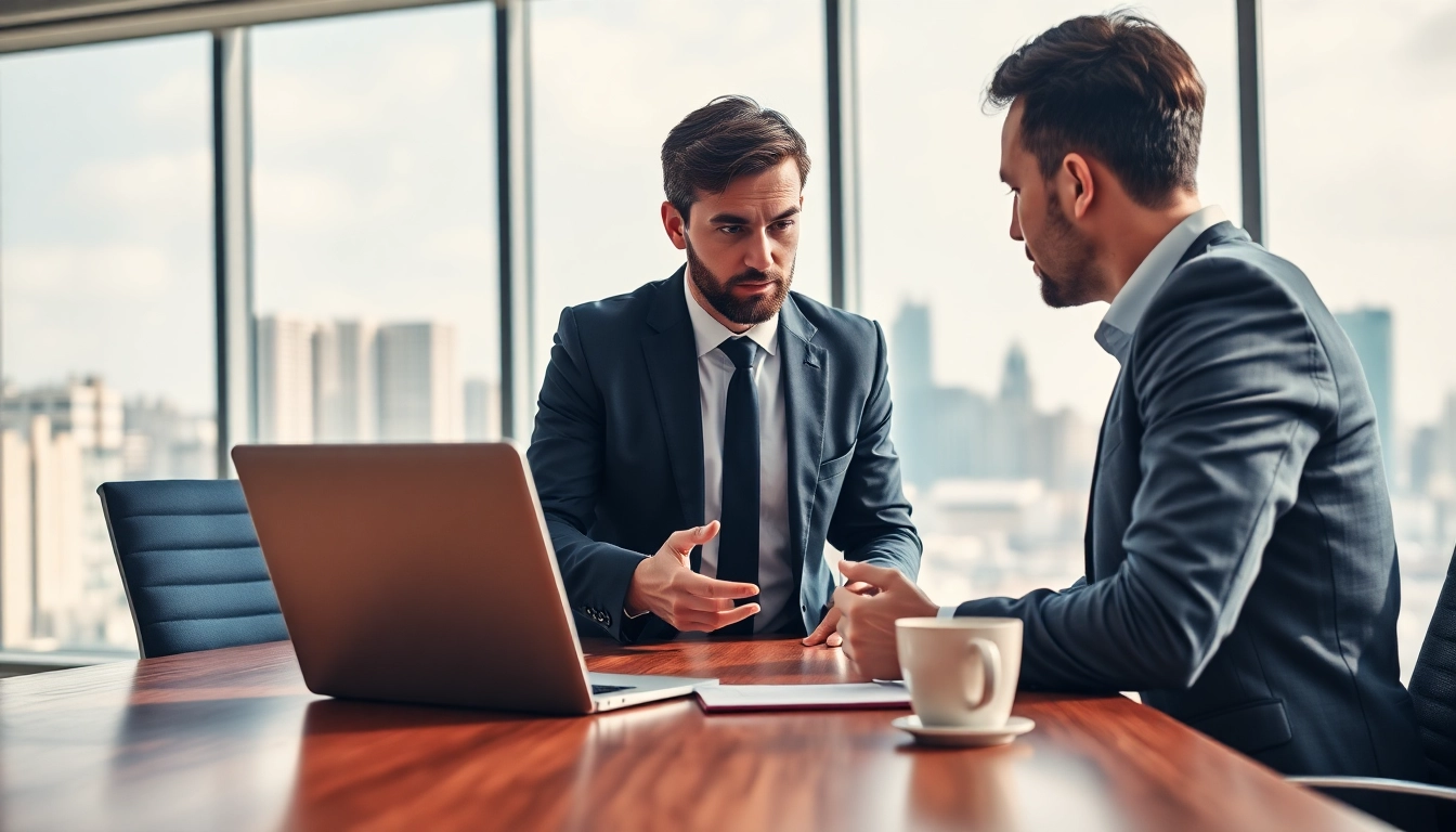 Headhunter conducts an important interview in a sleek office environment, showcasing professionalism.