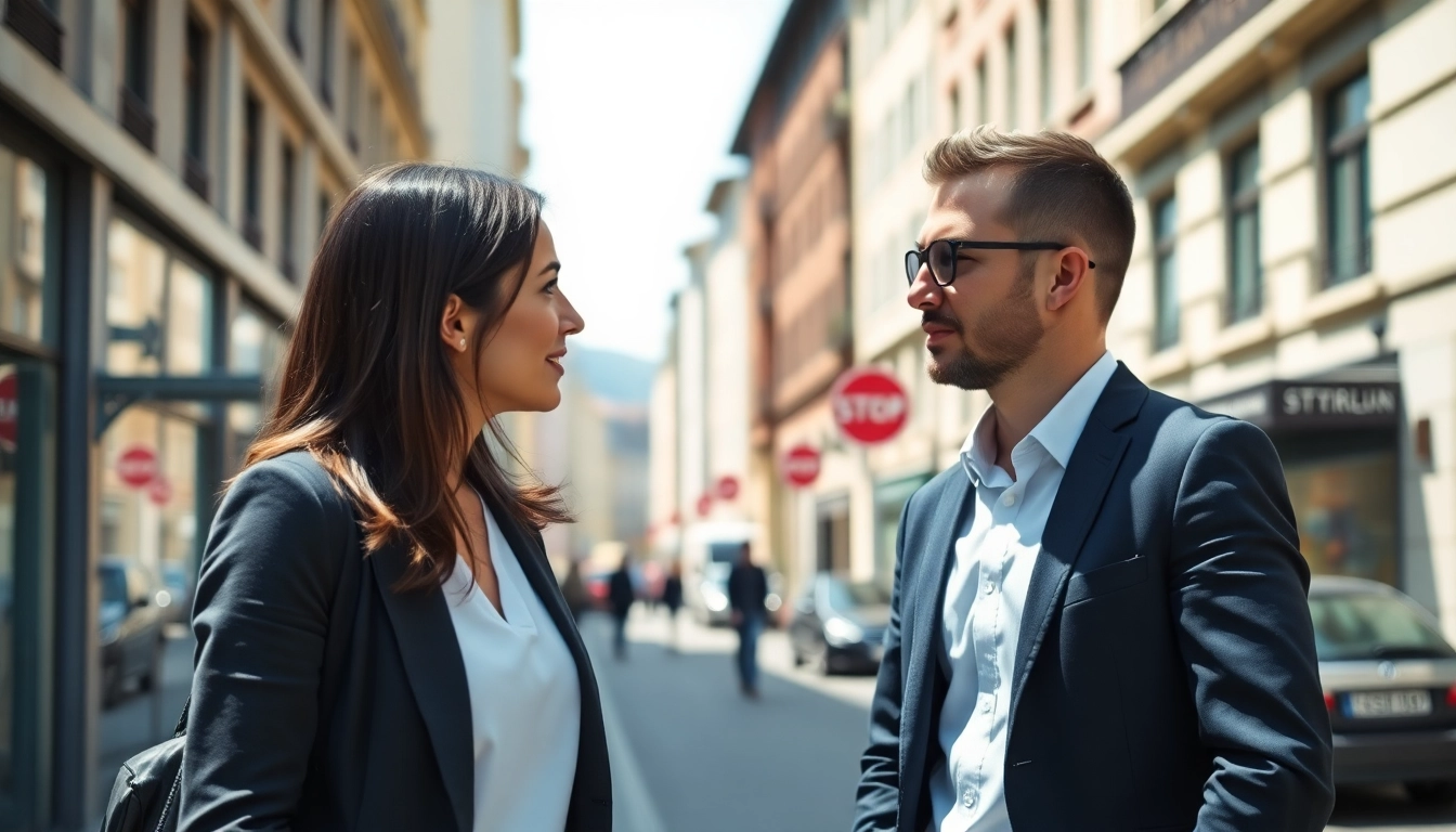 Headhunter Schweiz im Gespräch mit einem Kandidaten auf einer Stadtstraße.
