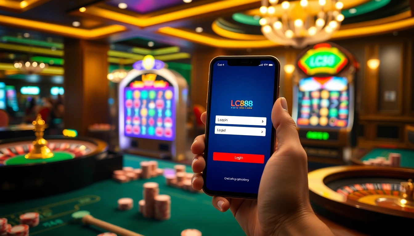 Experience seamless Đăng Nhập LC88 in a sophisticated casino environment, showcasing poker chips and a roulette wheel.