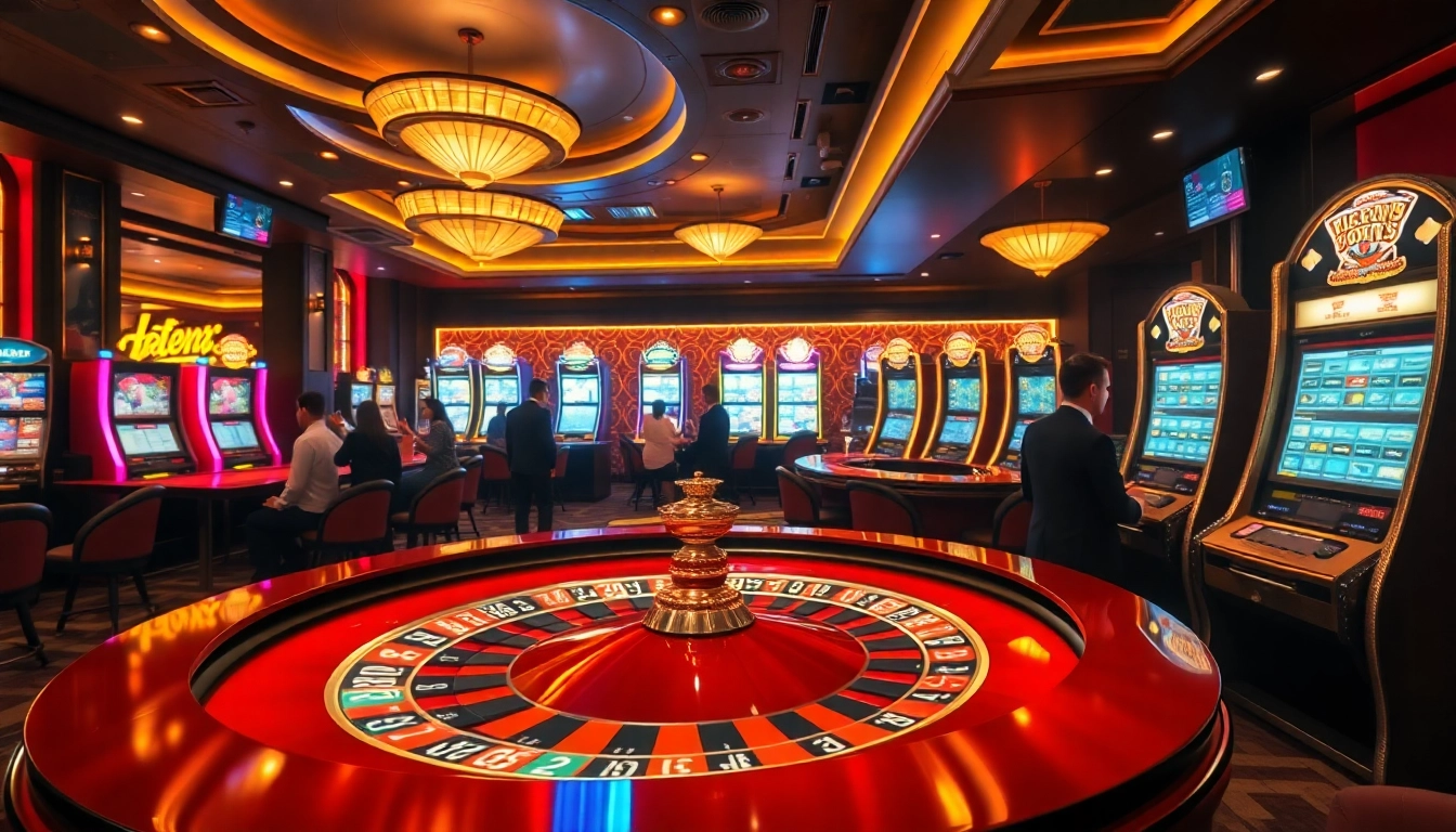 Engaging scene of a luxurious casino highlighting keonhacai betting activity with vibrant roulette tables and excited players.