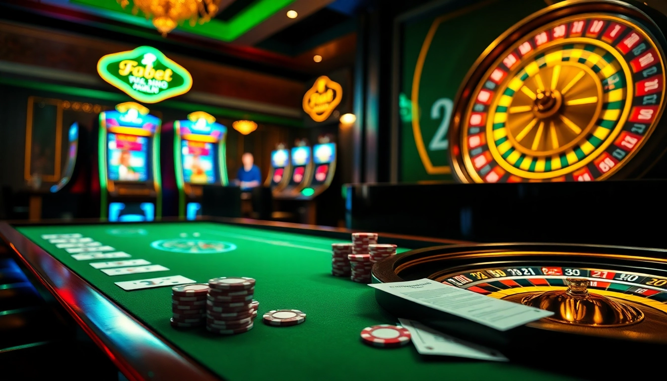 Thrilling online gambling experience featuring F8bet with vibrant slot machines and an elegant table setup.