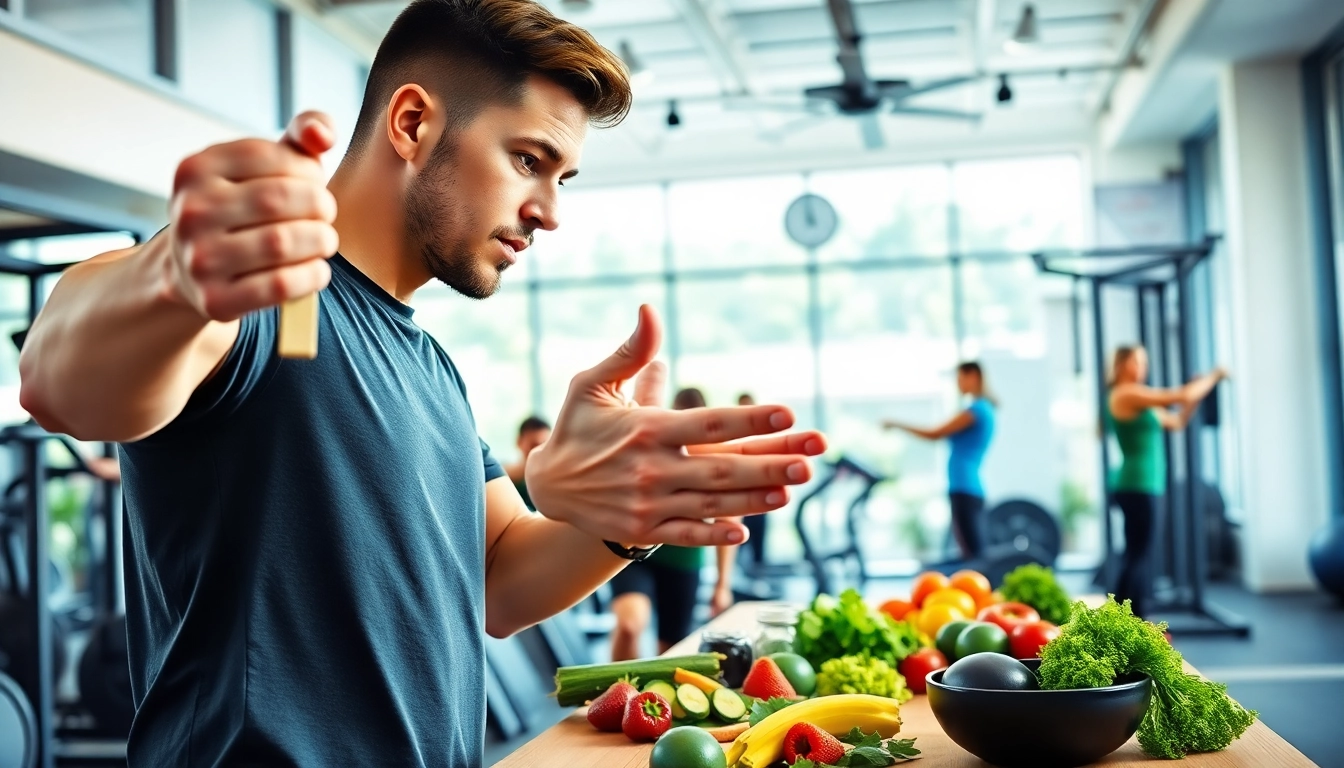 Fitness und Ernährung: Fitness trainer showcasing various exercises and healthy meals.