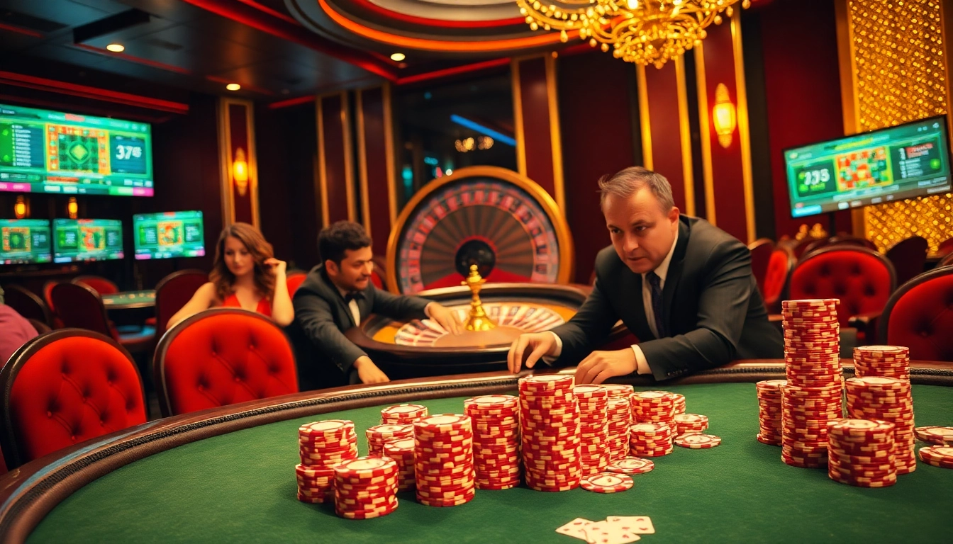 Players enjoying high-stakes games at QH88 casino, showcasing excitement and luxury.