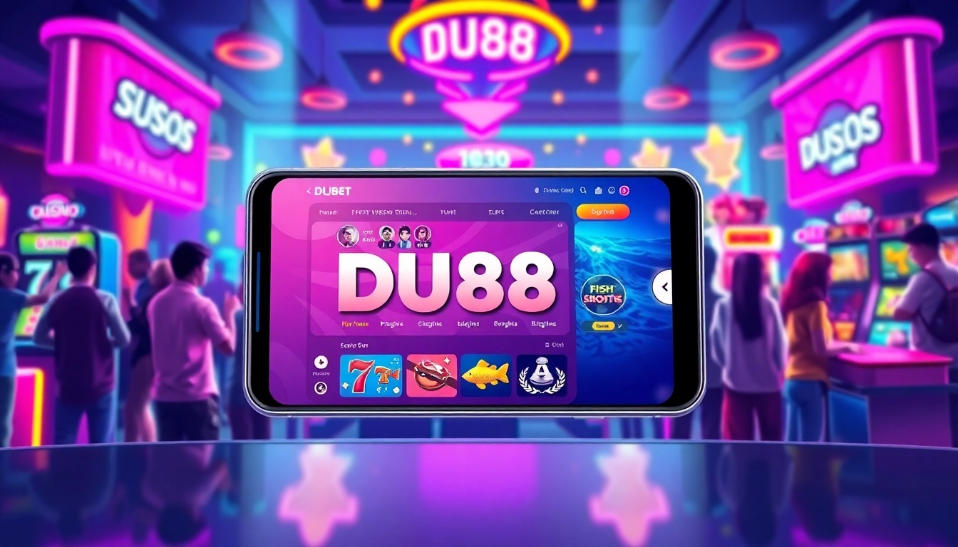 Engaging visual of nhà cái du88 online gambling platform on a smartphone, showcasing vibrant gaming features.