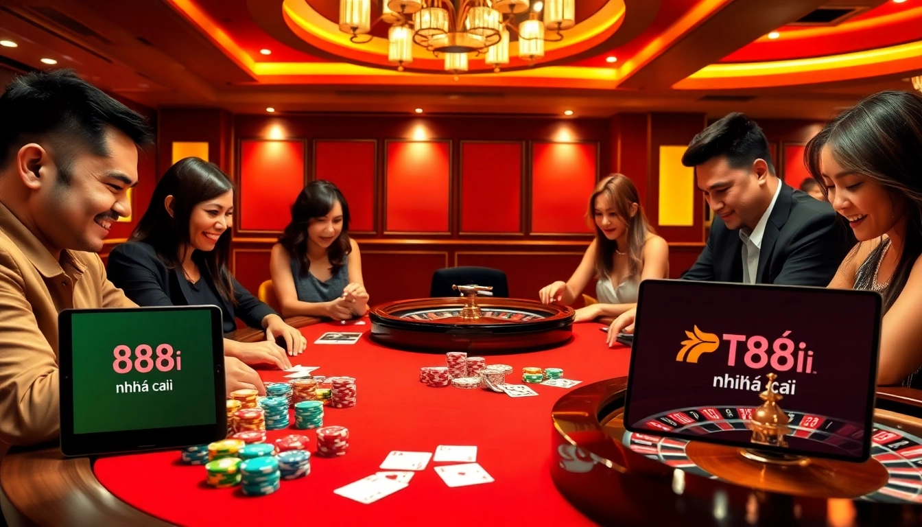 Players at a poker table enjoying their game at 88i nhà cái casino, surrounded by chips and cards.
