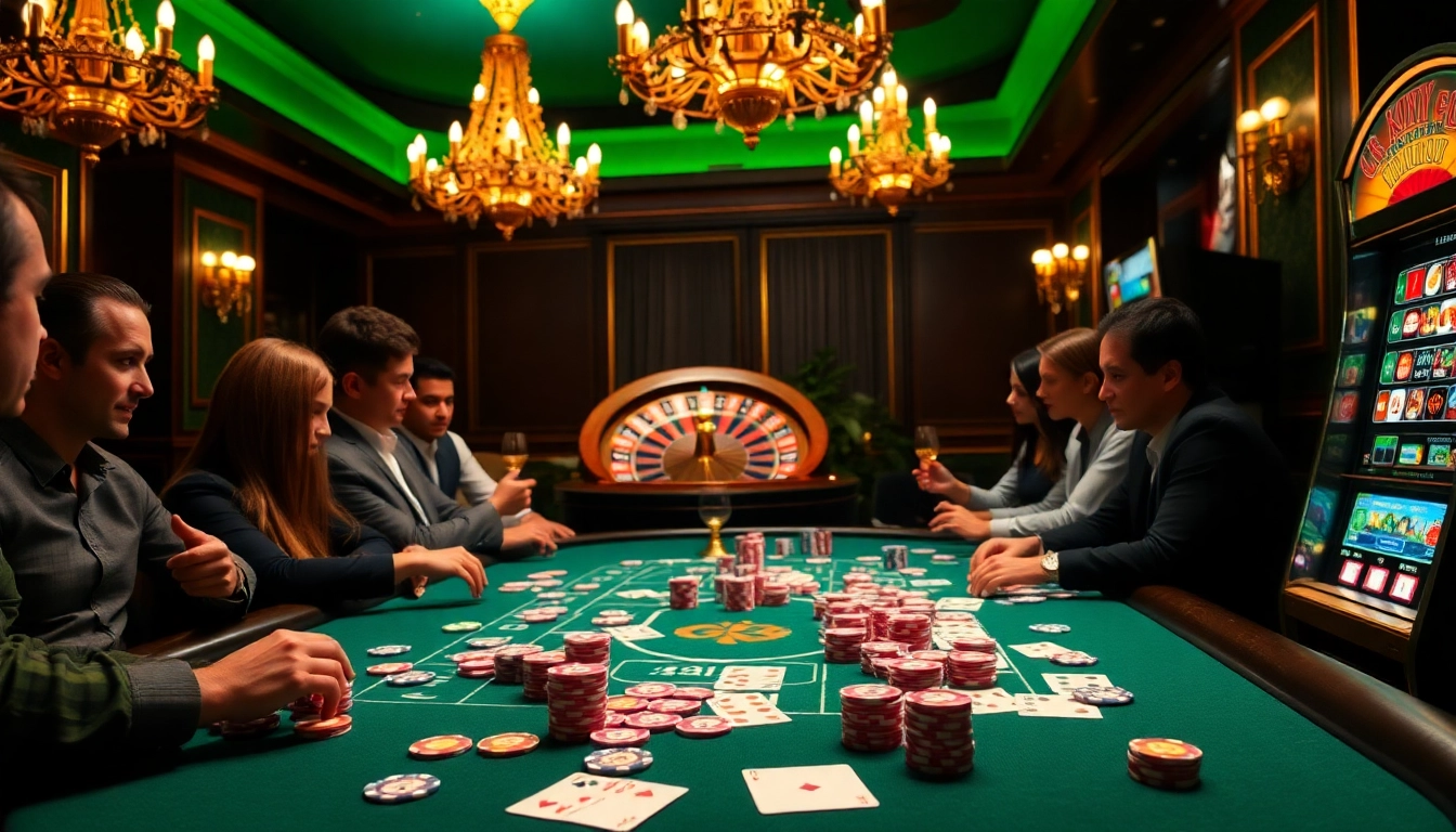 Excited players at a poker table in a luxurious casino, featuring https://kuwinzhz.com/ betting strategies and poker chips.