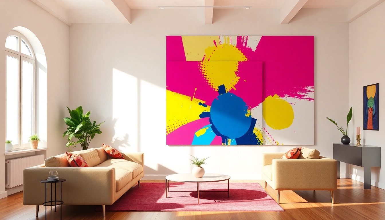 Beeindruckende Pop-Art-Bilder in einem modernen Wohnzimmer, die lebendige Farben und stilvolle Einrichtung zeigen.