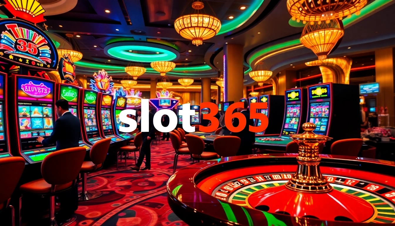 Players enjoying thrill at slot365 casino with vibrant slot machines and roulette table.