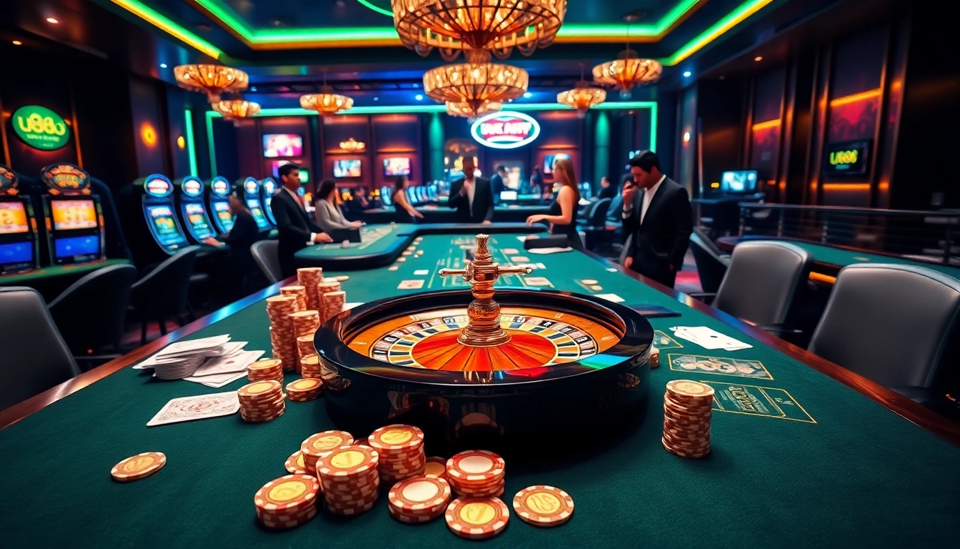 Experience high-stakes gaming at U888 with vibrant casino elements and luxurious atmosphere.