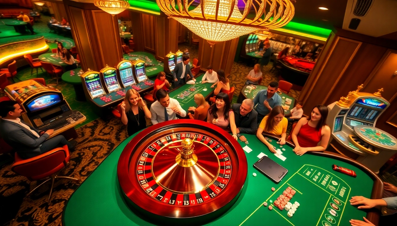 Luckywin casino scene with players excitedly betting at roulette and various slot machines.