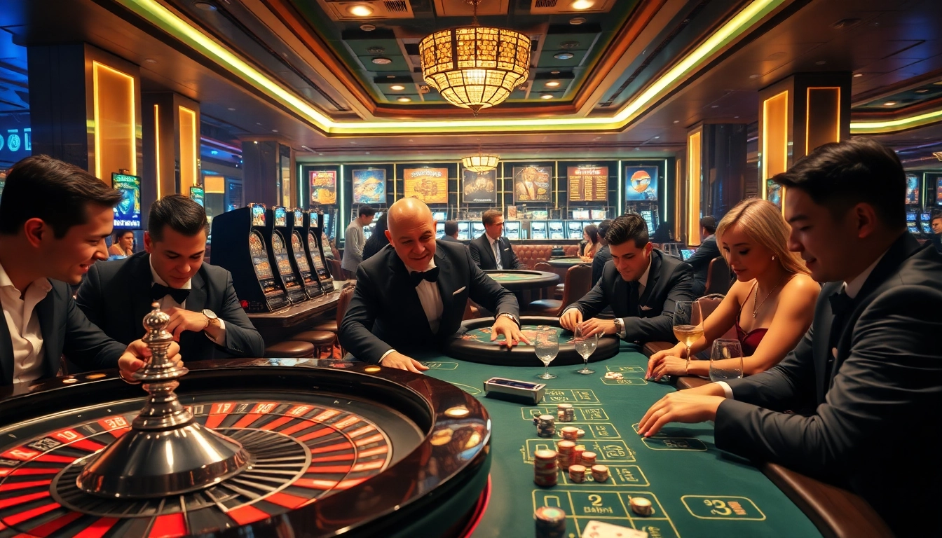 Exciting casino action at https://da88at.com/ with players immersed at roulette and blackjack tables.