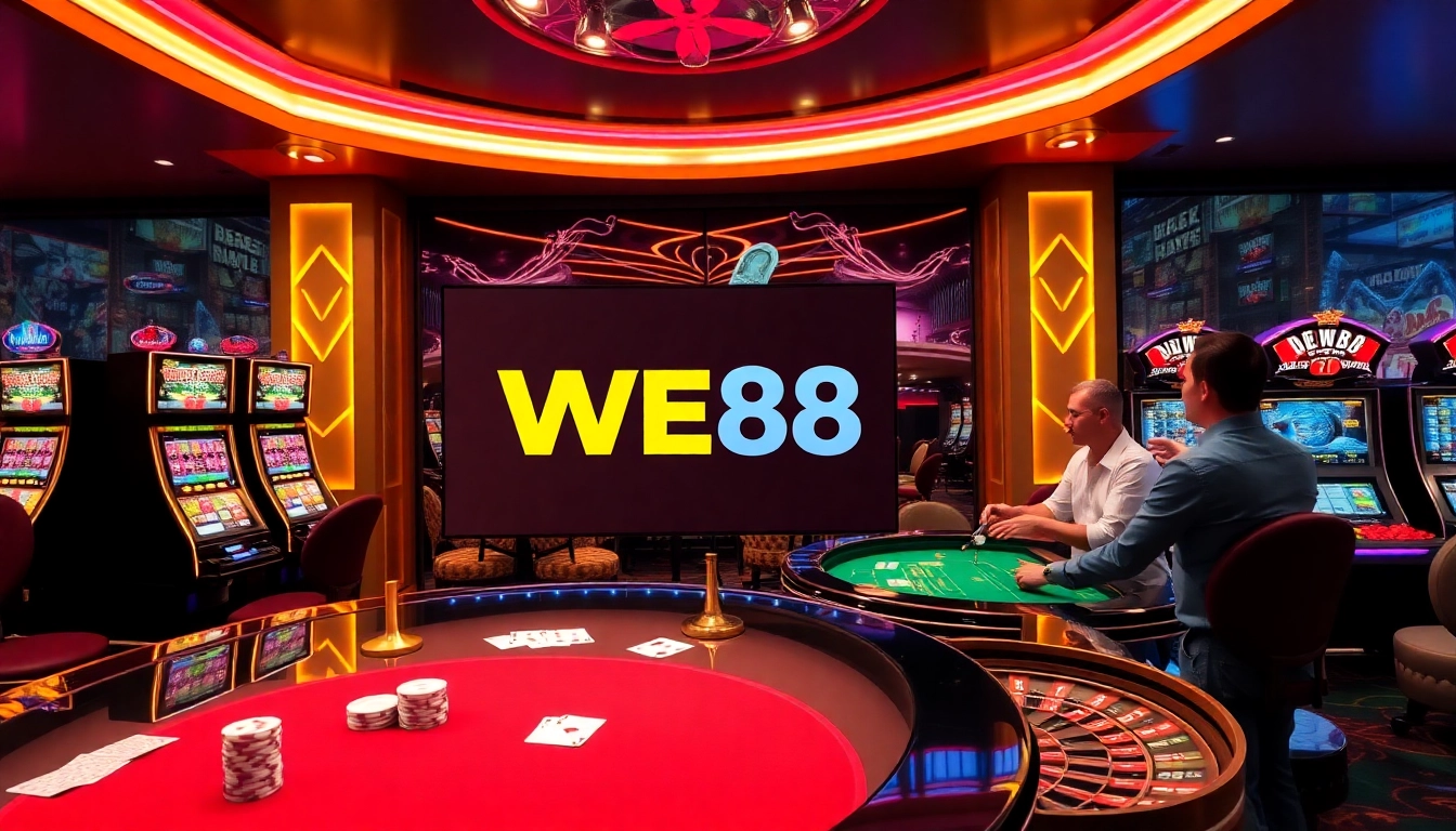 Action-packed WE88 online casino scene with vibrant slots, poker chips, and lively players.