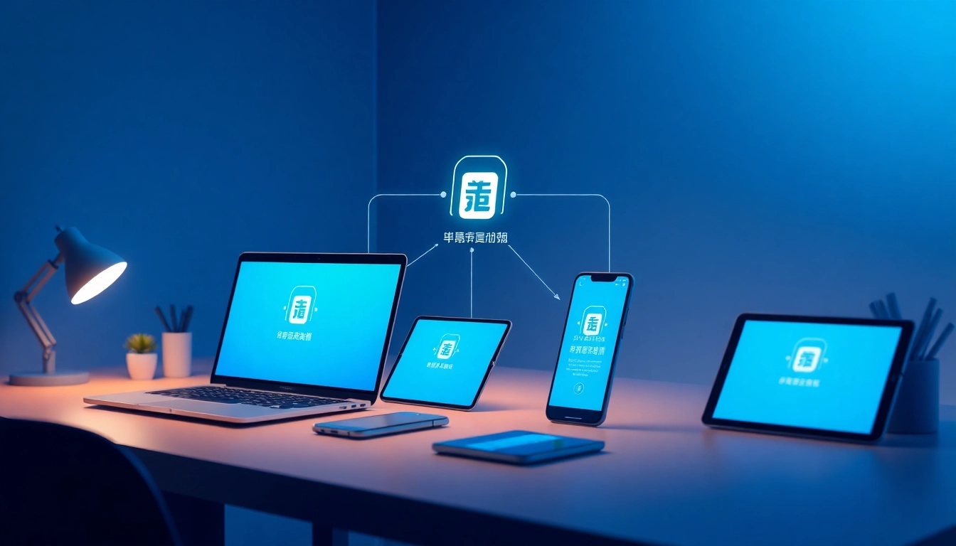快连下载 app showcased on multiple devices in a modern workspace, emphasizing seamless connectivity.