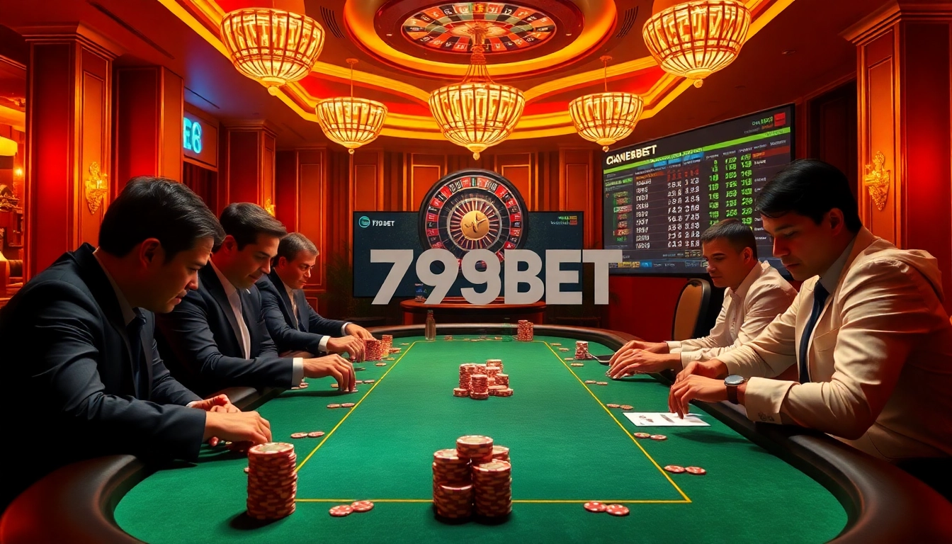 Excited players engaging at a luxurious poker table in a vibrant 789BET casino setting.