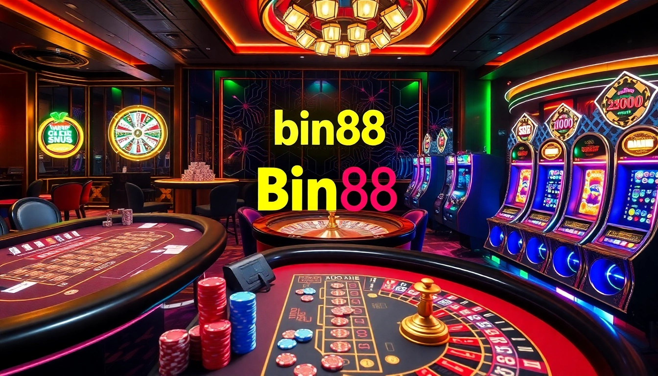 Experience Bin88's thrilling casino atmosphere with players enjoying table games and slots.