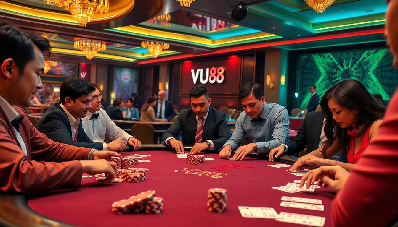 Experience the thrill of poker at VU88 casino with engaged players and luxury surroundings.