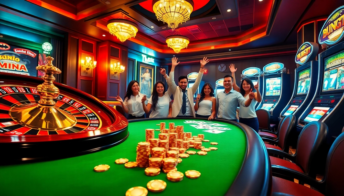Players celebrating at a luxurious casino table while experiencing the thrill of Luck88 gambling.