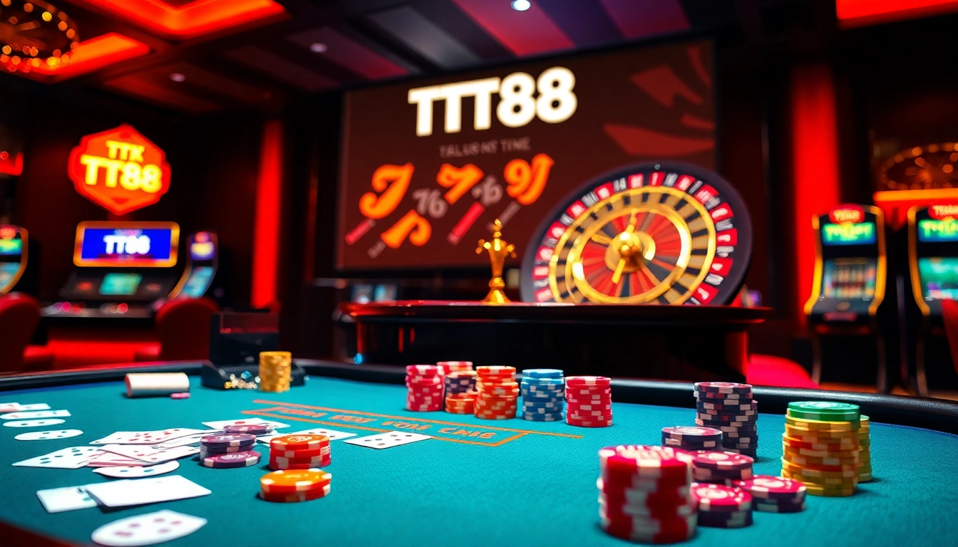 Engaging TT88 casino atmosphere showcasing poker chips and roulette wheel excitement.