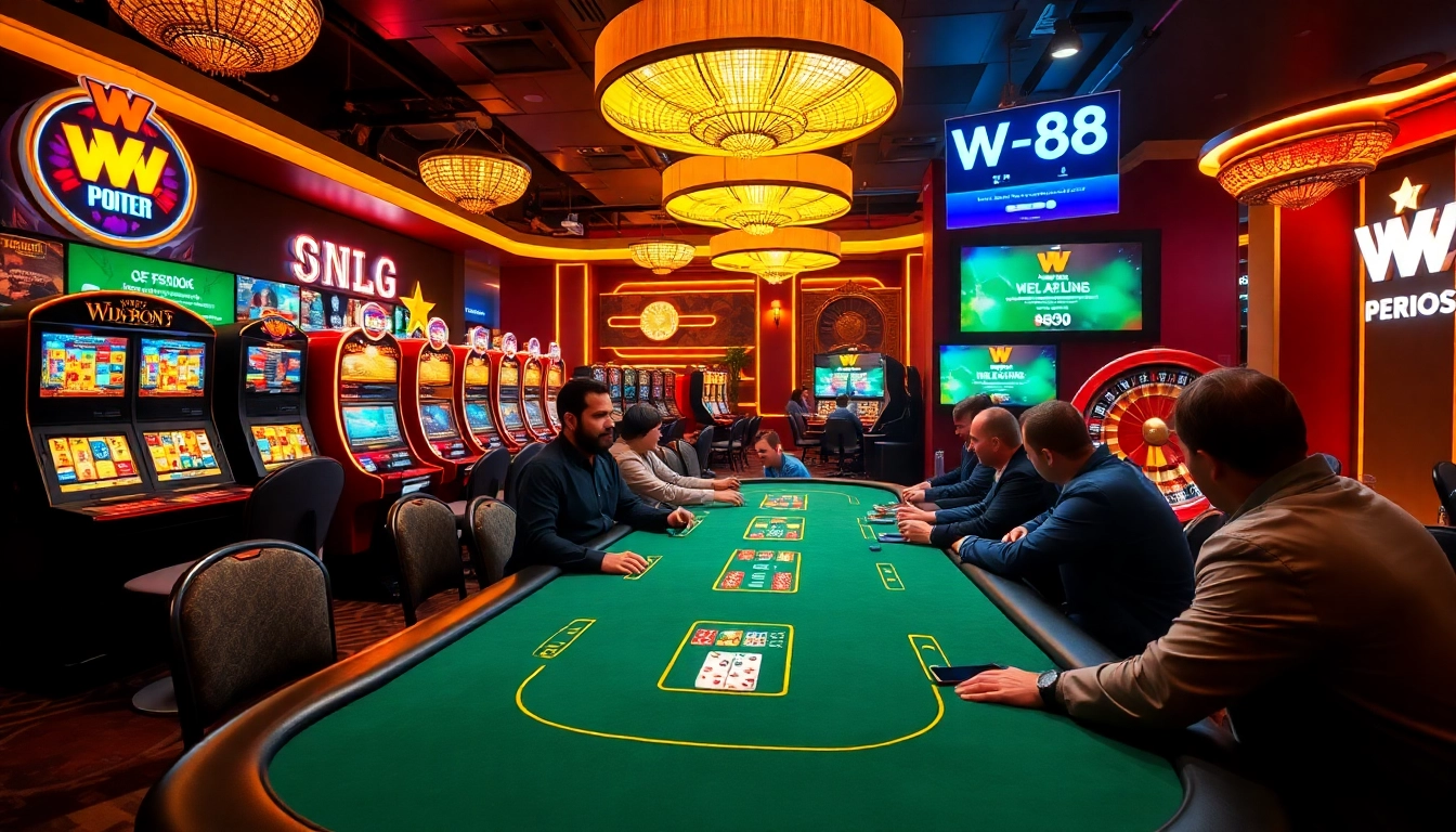 Experience the thrill of W 88 at a vibrant poker table in a luxurious casino setting.