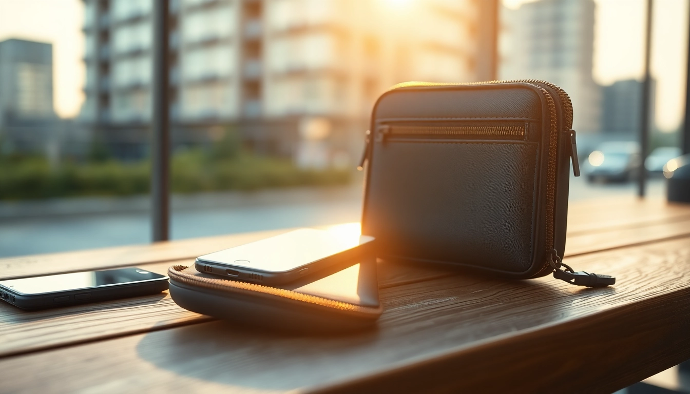 Die abschließbare Handytasche zeigt hochwertige Materialien und elegantes Design auf einem Tisch.