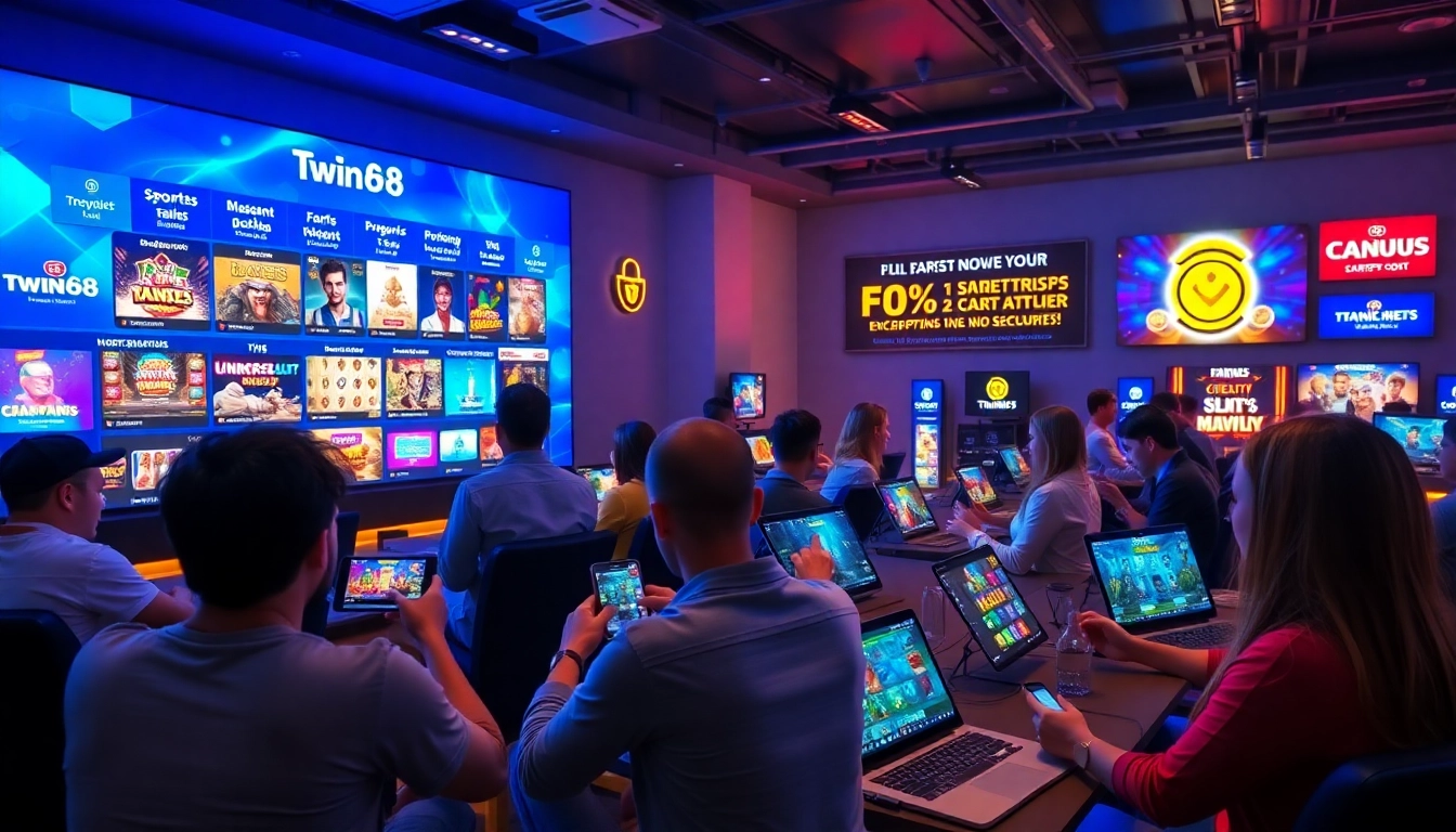 Twin68 gaming platform showcased with engaging players and vibrant game categories.