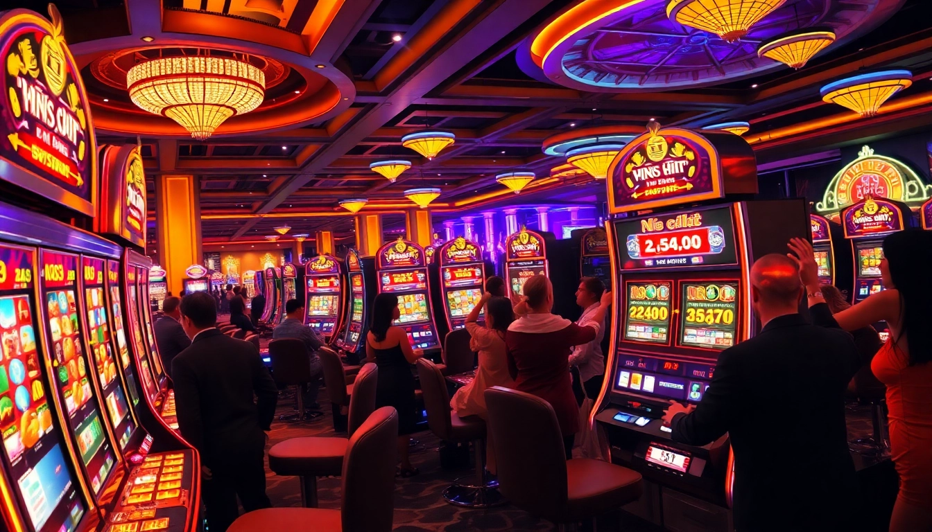 Engaging slot machine scene reflecting nổ hũ excitement in a luxurious casino setting.