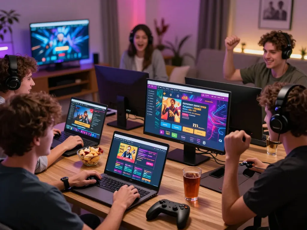 Engaged players enjoying an exciting Nhà cái 79KING online betting experience in a vibrant living room setting.