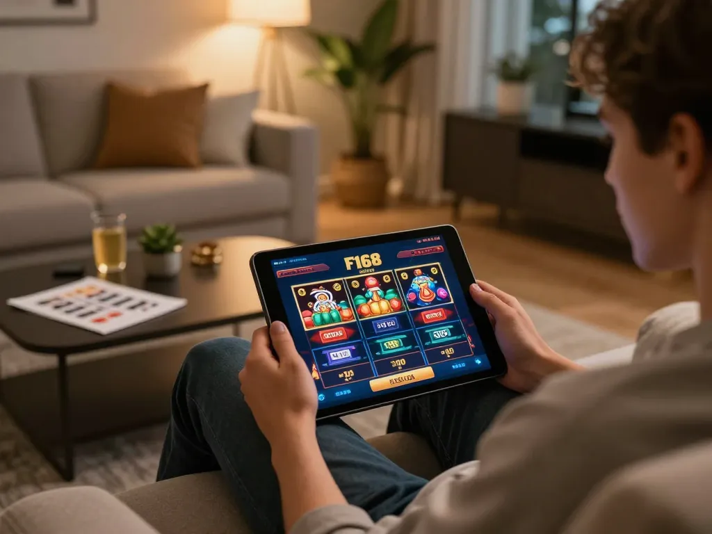 Engaged player using trang chủ F168 on a tablet in a cozy living room for online casino gaming