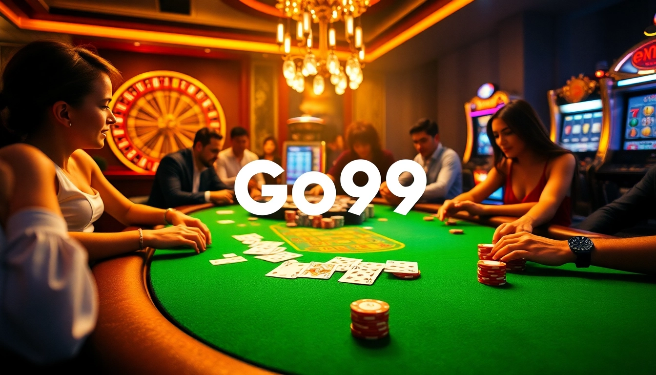 Go99 players enjoying an exhilarating poker game at a luxurious casino table.