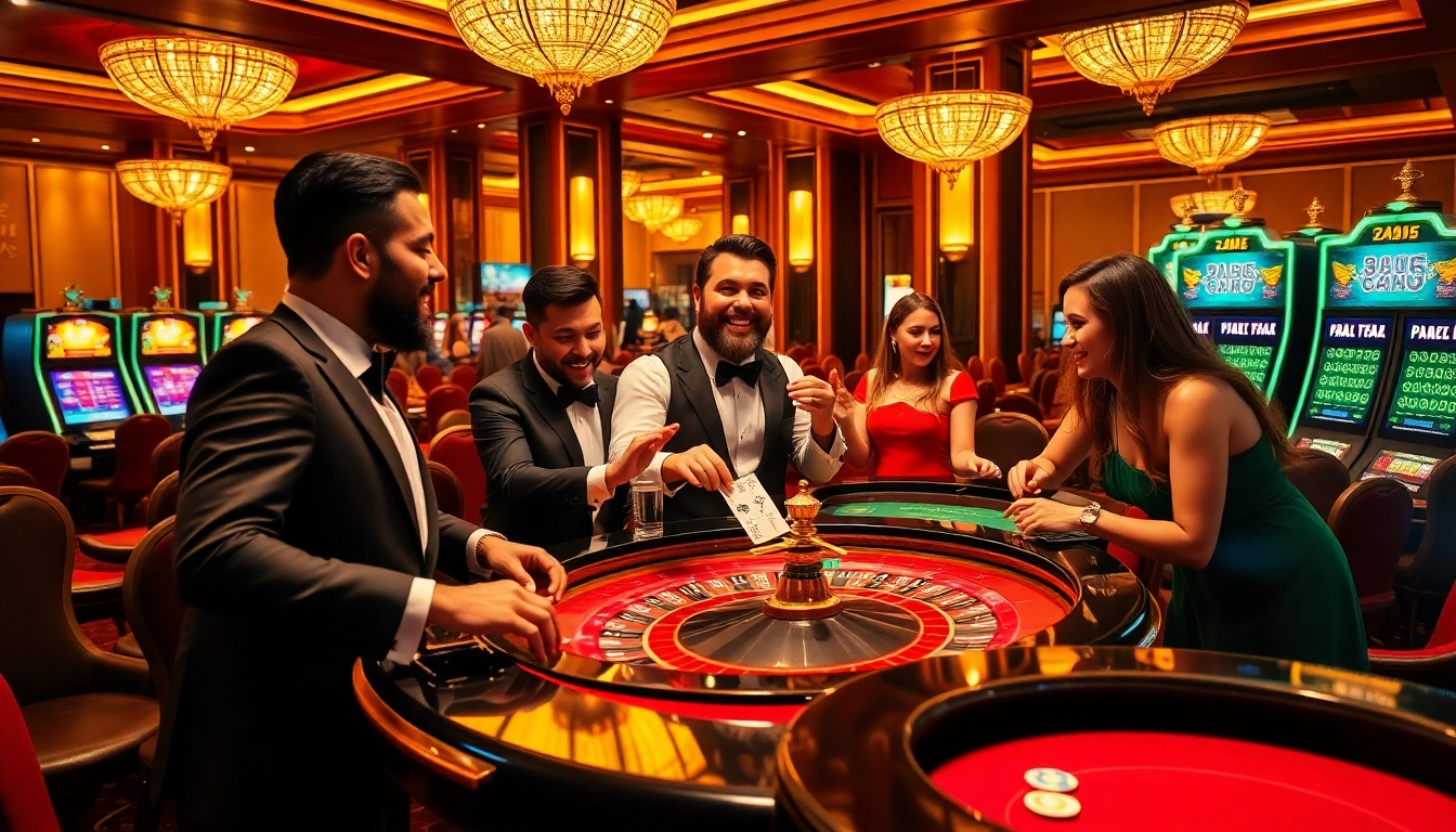 Casino players enjoying a vibrant TG 88 experience at a roulette table, surrounded by excitement.