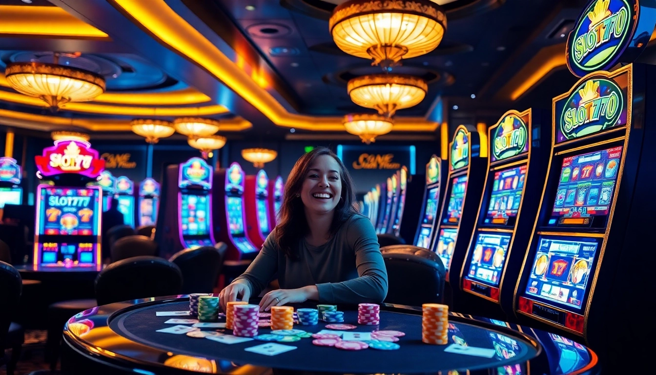 Experience thrilling wins at Slot777 slot machines in a vibrant casino setting.