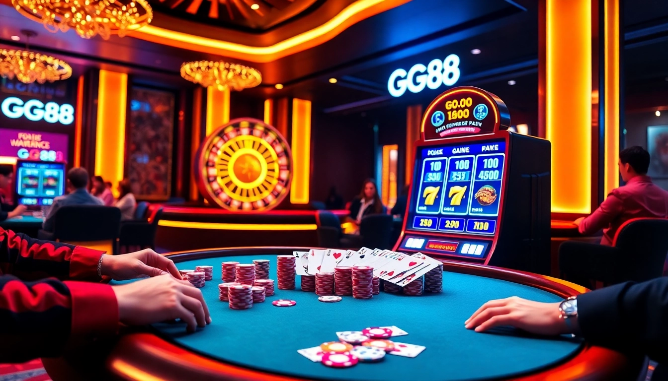GG88 players enjoying an exciting game with poker chips and cards at a vibrant casino table.
