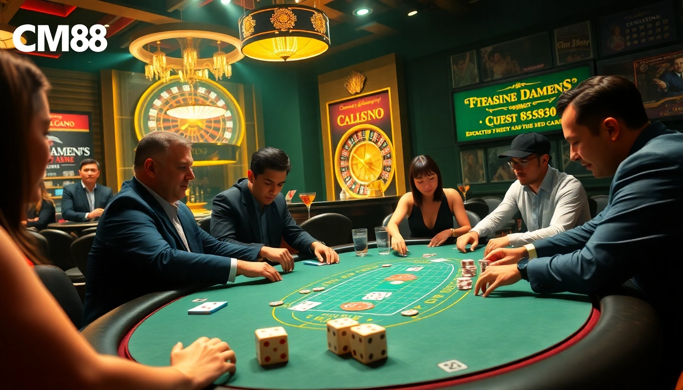High-stakes poker players enjoying a game in a luxurious casino with CM88-themed elements.