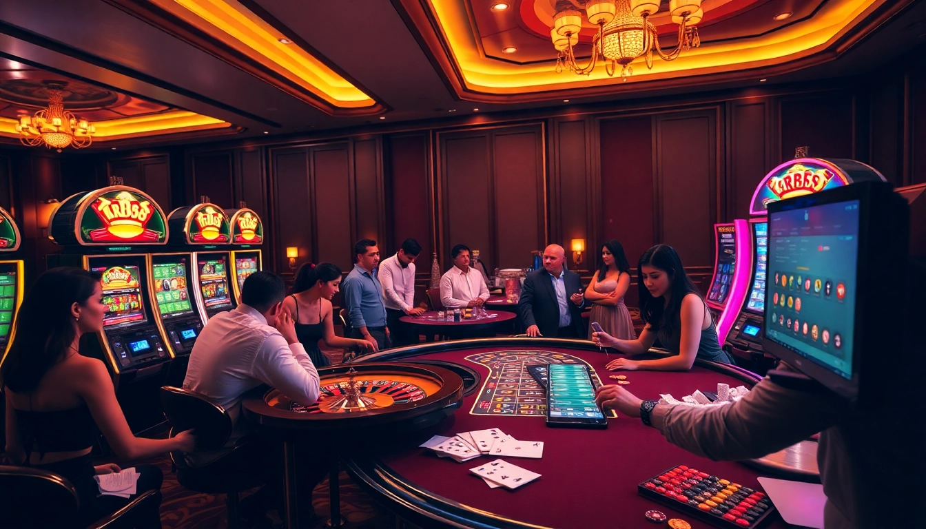 Engaged players enjoying a lively rr88 casino experience with roulette and slot machines.