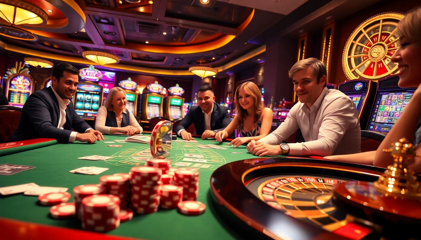 Players engaging in exciting games at VSWIN casino with poker chips and roulette wheel.