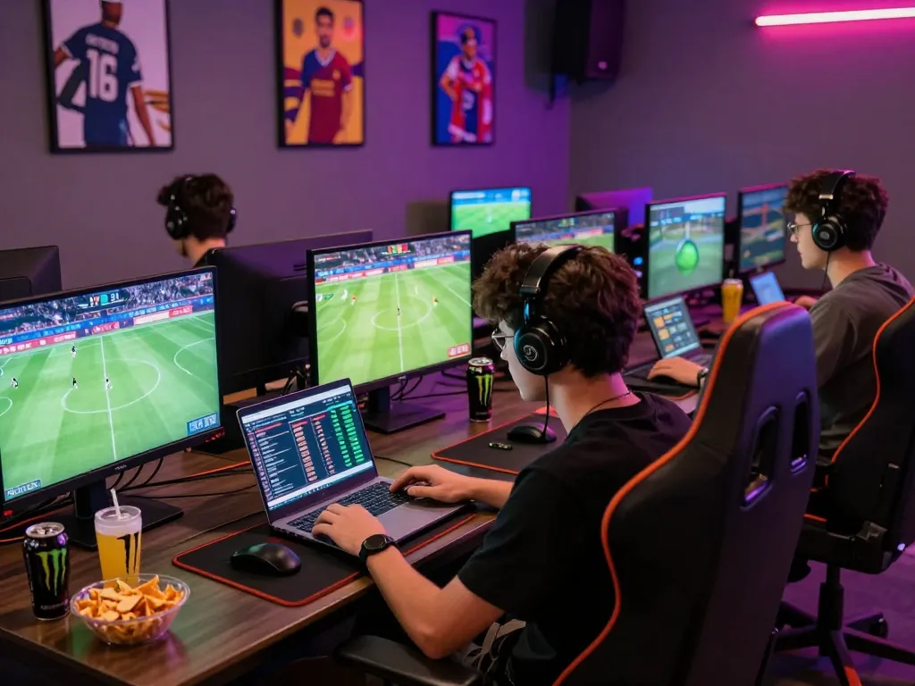 Exciting gaming lounge with players engaged in online betting, featuring Nhà cái MAY88 on screens.