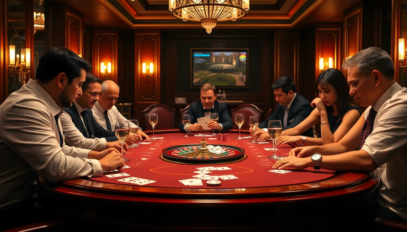 Engaging casino scene with players at https://km88.study/ table, immersive gambling atmosphere.