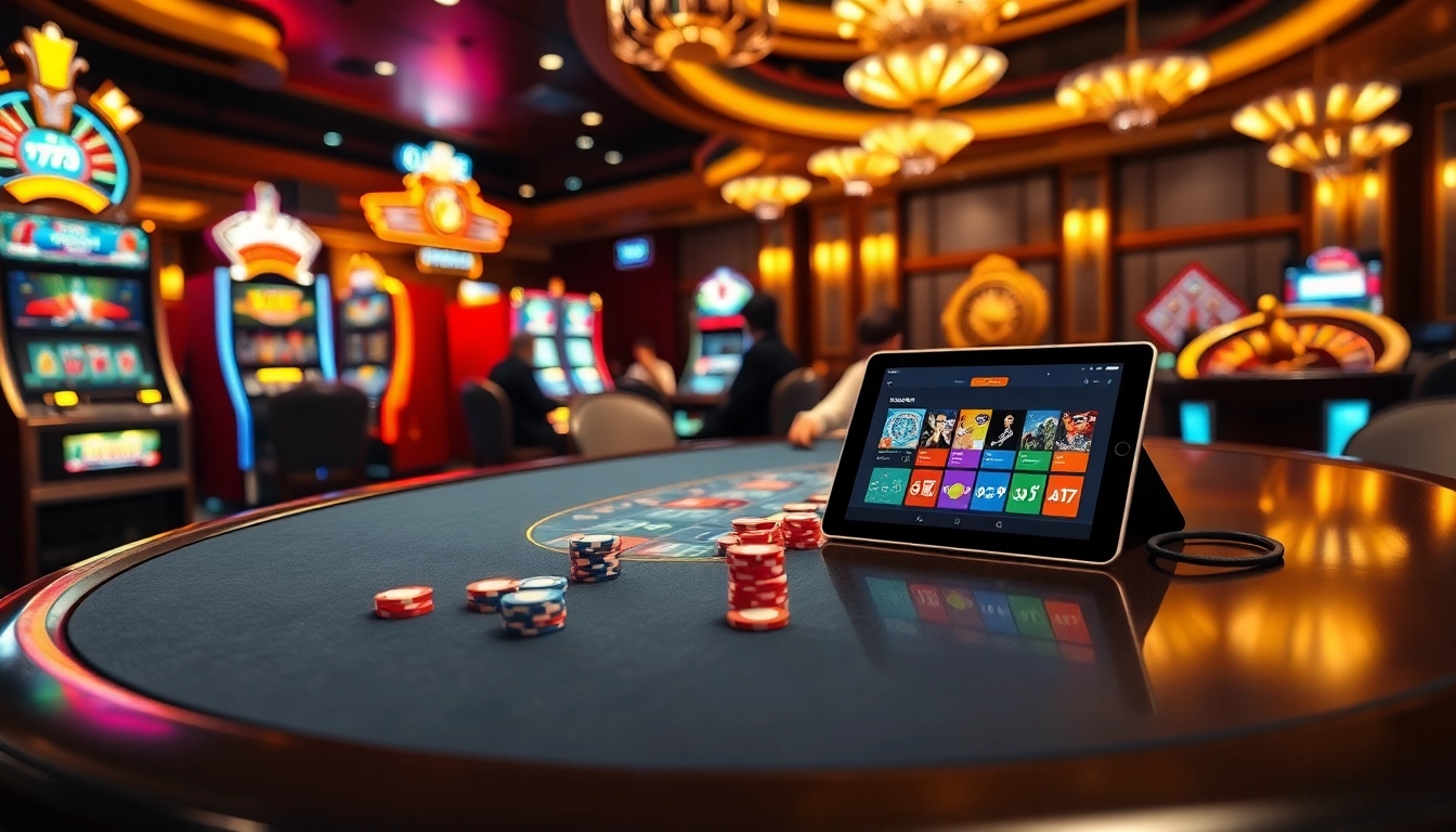 Experience the thrill of betting at M98, featuring a vibrant casino scene with poker tables and slot machines.