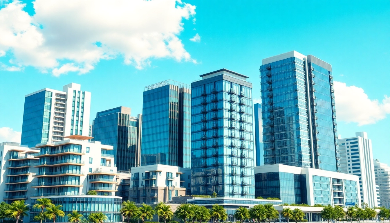 Architektur visualisierung einer modernen Stadt mit reflektierenden Gebäuden und klarem Himmel.