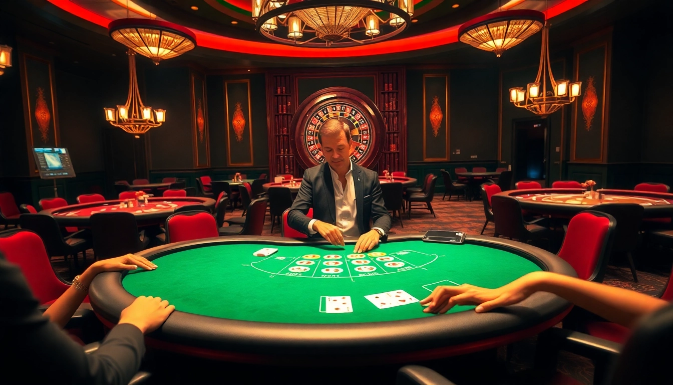 Experience the excitement of tr88 as players engage with professional dealers at a vibrant casino table.