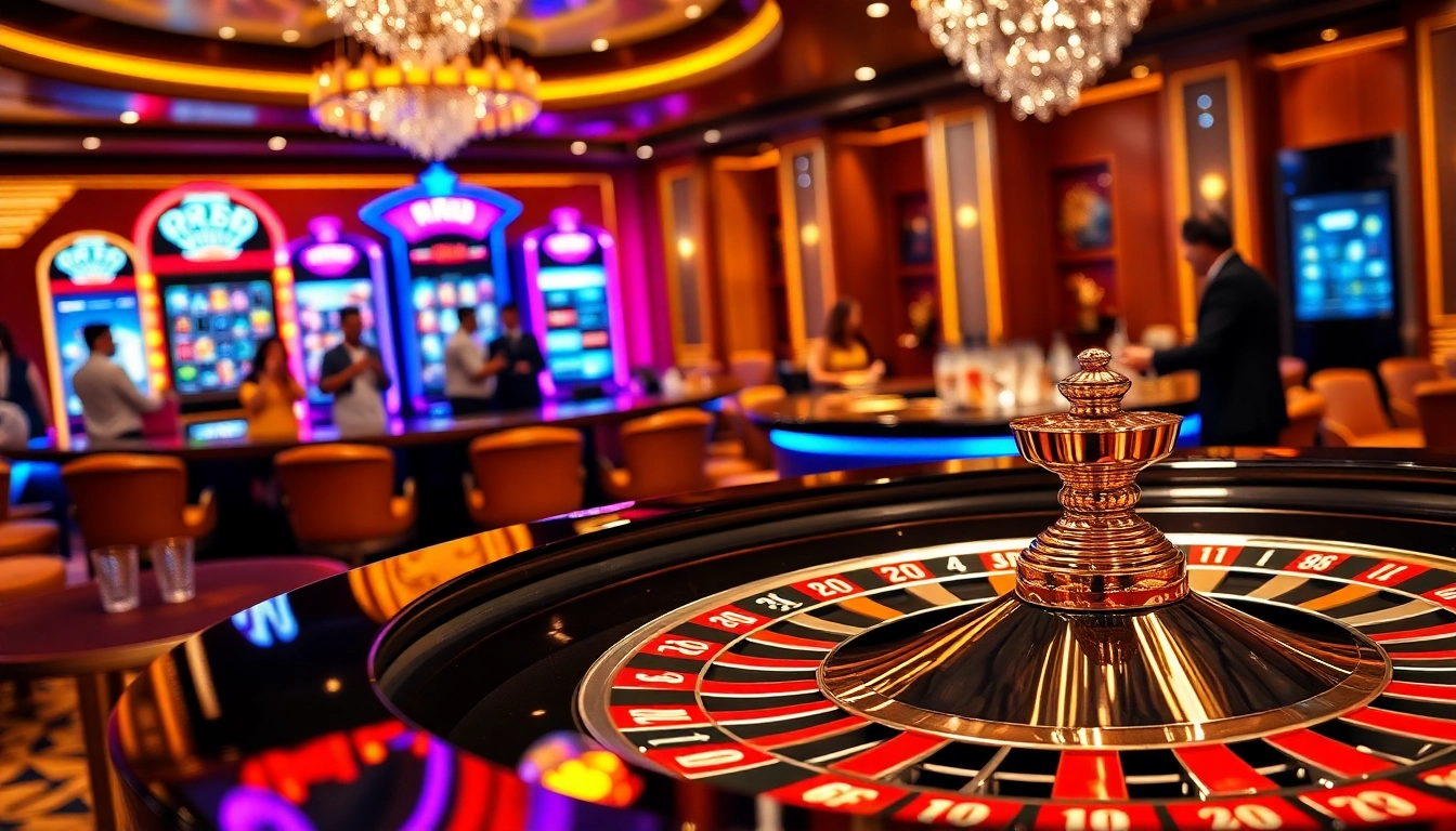 Engaging players at RR88 in a vibrant casino scene featuring roulette and slots.