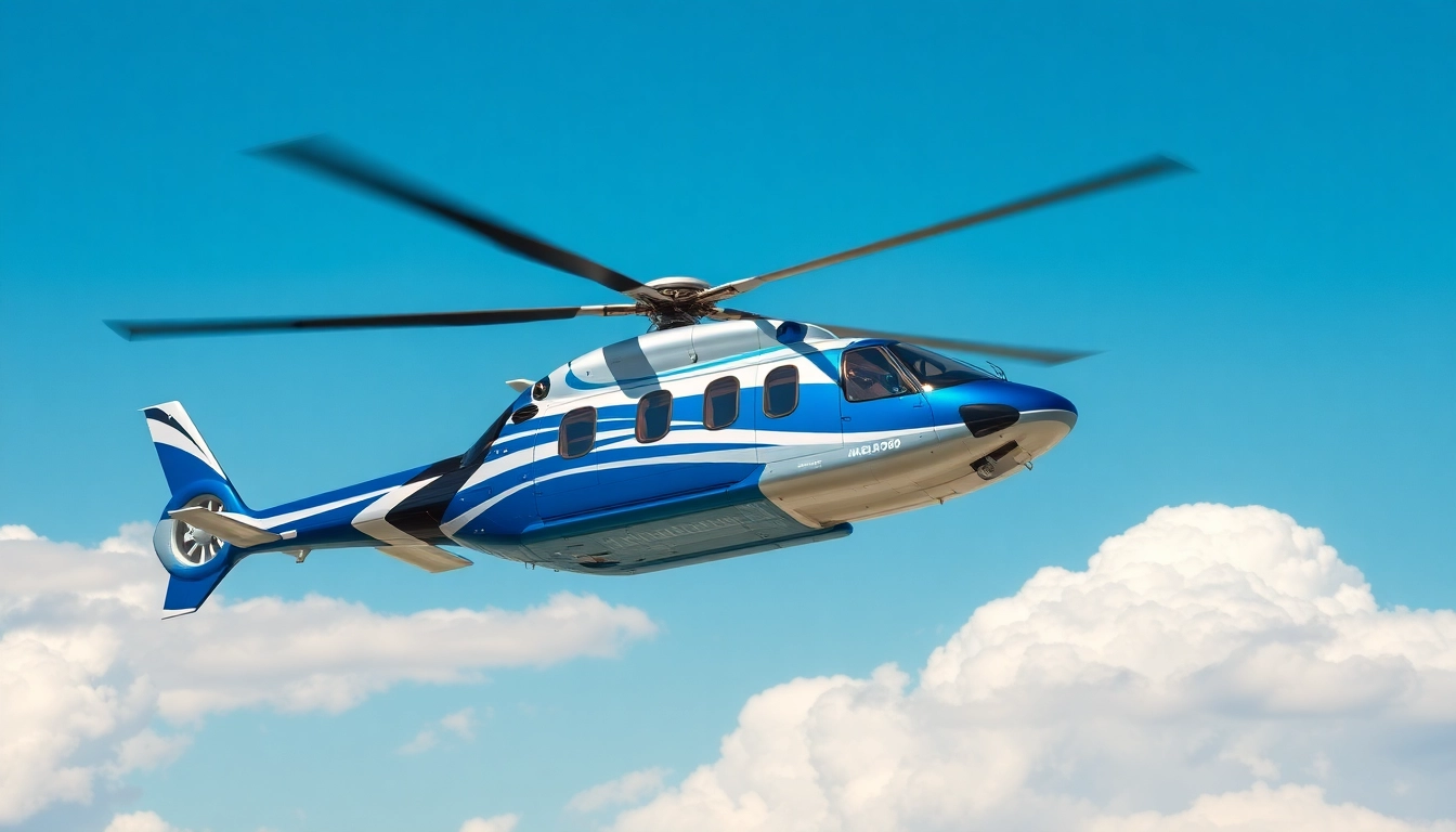 Eurocopter im Flug mit leuchtendem Himmel und dynamischer Perspektive.