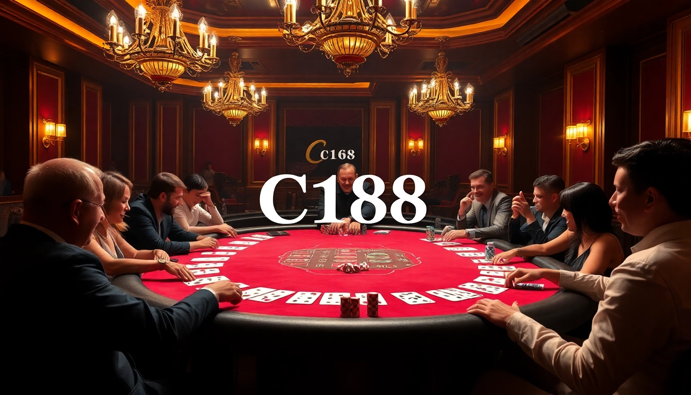 C168 casino players engaged at a luxurious gaming table full of vibrant cards and chips.