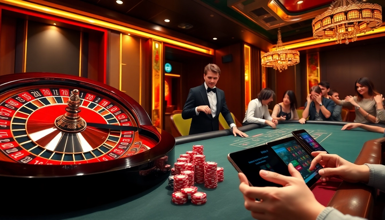 MMOO players celebrating a win at an upscale casino table with poker chips and a roulette wheel.