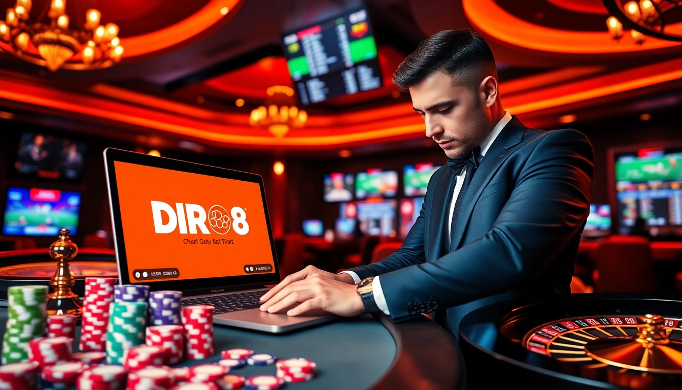 Experience cá cược thể thao DR88 with a vibrant online betting scene featuring sports events and poker chips.